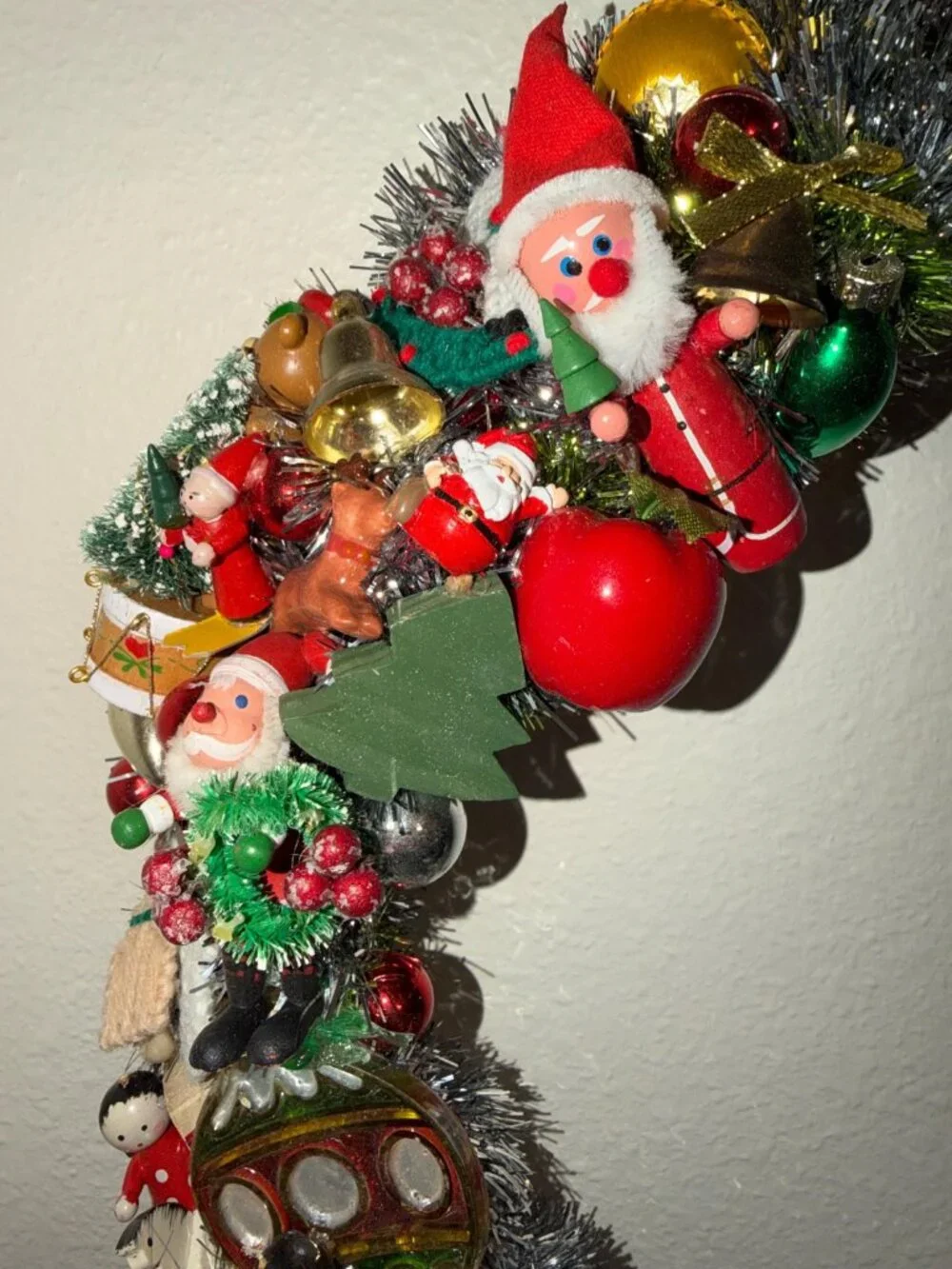 Christmas Wreath handmade w/ Vintage Wooden, Porcelain and Stitched Ornaments